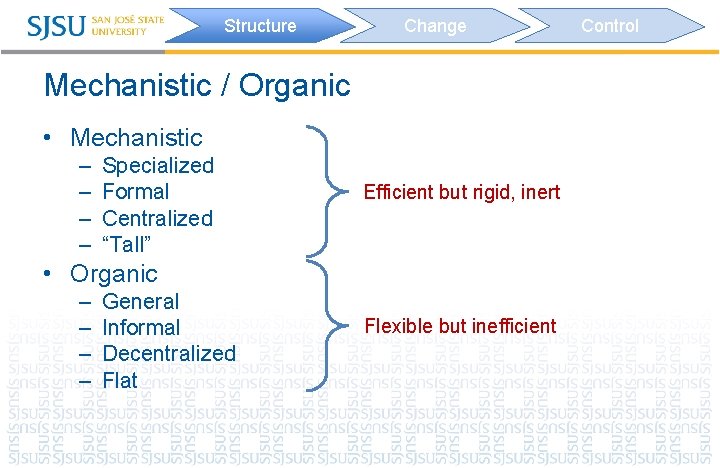 Structure Change Mechanistic / Organic • Mechanistic – – Specialized Formal Centralized “Tall” Efficient