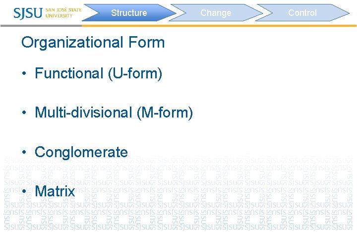 Structure Organizational Form • Functional (U-form) • Multi-divisional (M-form) • Conglomerate • Matrix Change