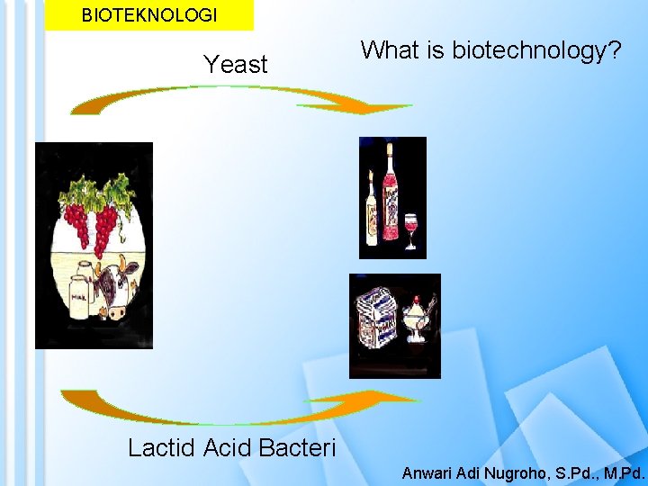 BIOTEKNOLOGI Yeast What is biotechnology? Lactid Acid Bacteri Anwari Adi Nugroho, S. Pd. ,