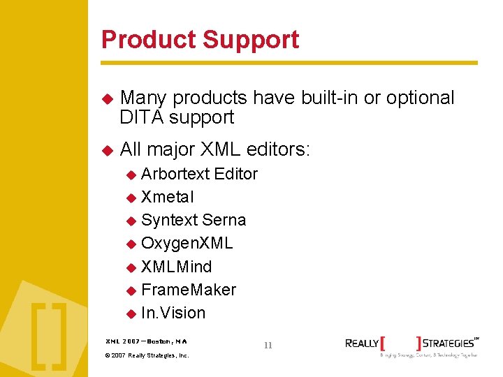 Product Support Many products have built-in or optional DITA support All major XML editors: