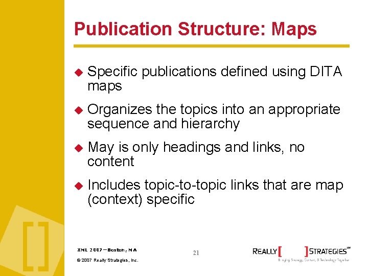 Publication Structure: Maps Specific publications defined using DITA maps Organizes the topics into an