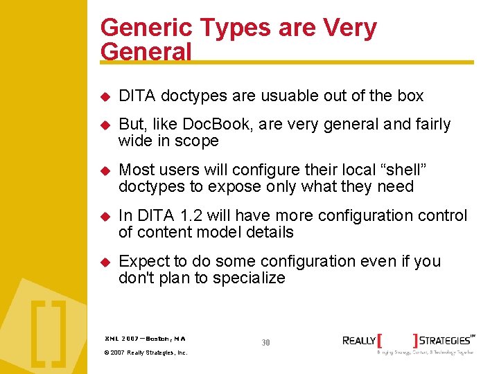 Generic Types are Very General DITA doctypes are usuable out of the box But,