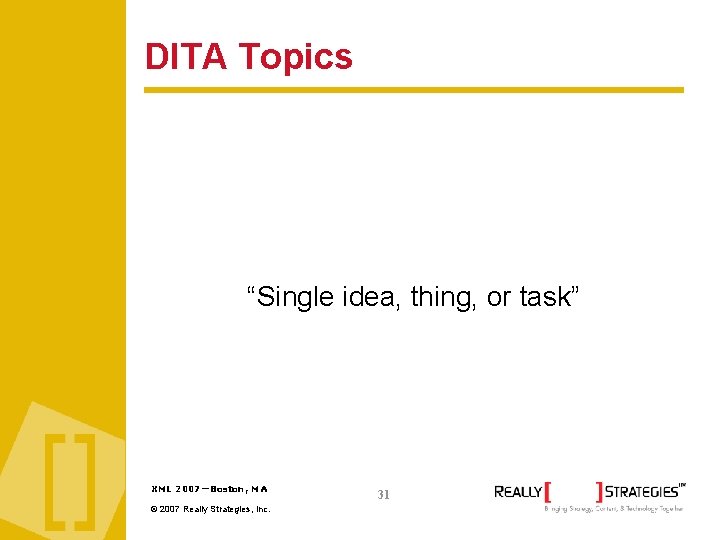 DITA Topics “Single idea, thing, or task” XML 2007—Boston, MA © 2007 Really Strategies,