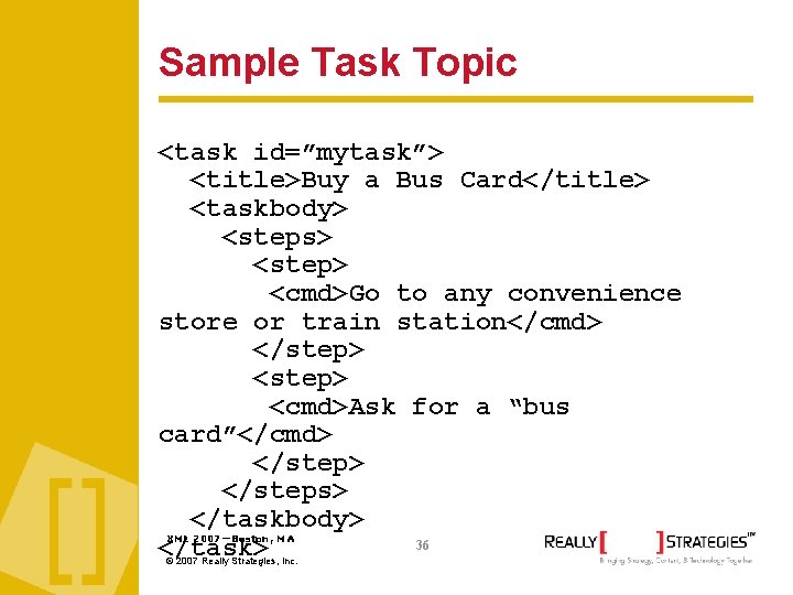 Sample Task Topic <task id=”mytask”> <title>Buy a Bus Card</title> <taskbody> <steps> <step> <cmd>Go to