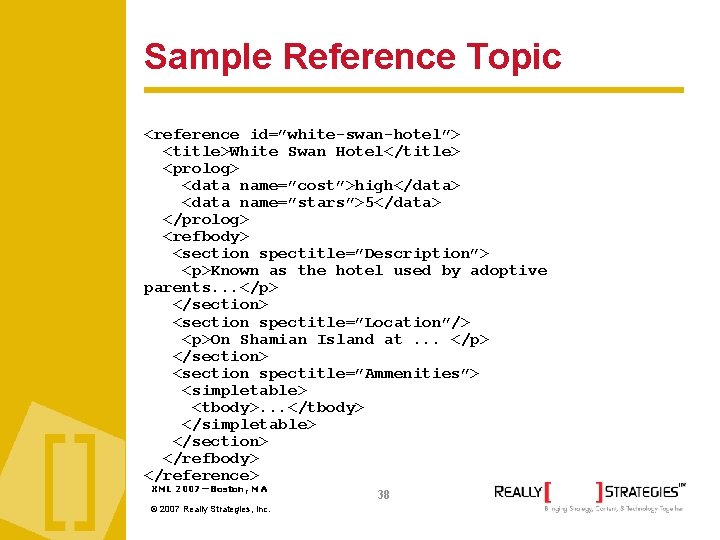 Sample Reference Topic <reference id=”white-swan-hotel”> <title>White Swan Hotel</title> <prolog> <data name=”cost”>high</data> <data name=”stars”>5</data> </prolog>