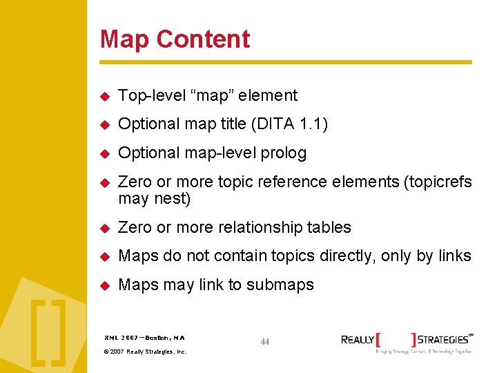 Map Content Top-level “map” element Optional map title (DITA 1. 1) Optional map-level prolog