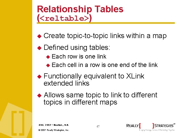 Relationship Tables (<reltable>) Create topic-to-topic links within a map Defined using tables: Each row