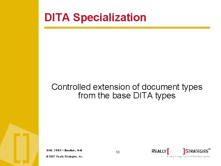 DITA Specialization Controlled extension of document types from the base DITA types XML 2007—Boston,