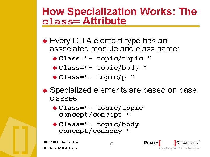 How Specialization Works: The class= Attribute Every DITA element type has an associated module