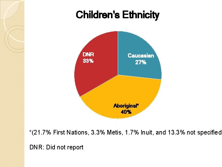 Children's Ethnicity DNR 33% Caucasian 27% Aboriginal* 40% *(21. 7% First Nations, 3. 3%
