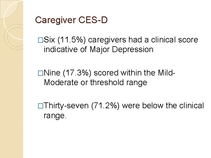 Caregiver CES-D �Six (11. 5%) caregivers had a clinical score indicative of Major Depression