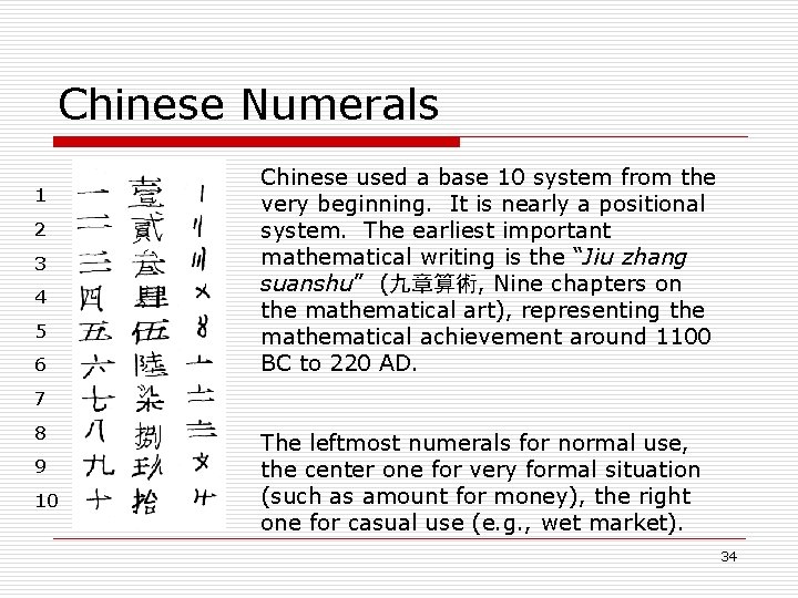 Chinese Numerals 1 2 3 4 5 6 Chinese used a base 10 system