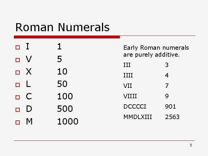 Roman Numerals o o o o I V X L C D M 1