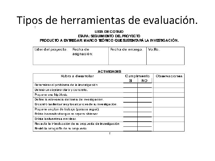 Tipos de herramientas de evaluación. 