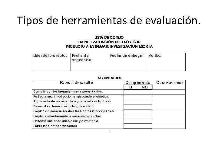 Tipos de herramientas de evaluación. 