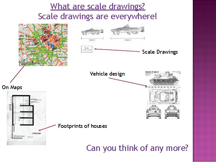 What are scale drawings? Scale drawings are everywhere! Scale Drawings Vehicle design On Maps