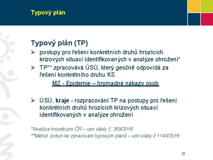 Typový plán (TP) Ø postupy pro řešení konkrétních druhů hrozících krizových situací identifikovaných v