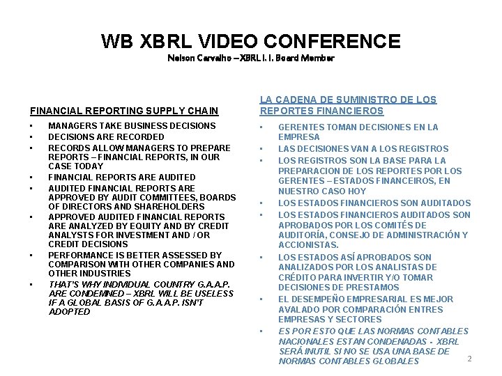 WB XBRL VIDEO CONFERENCE Nelson Carvalho – XBRL I. I. Board Member FINANCIAL REPORTING