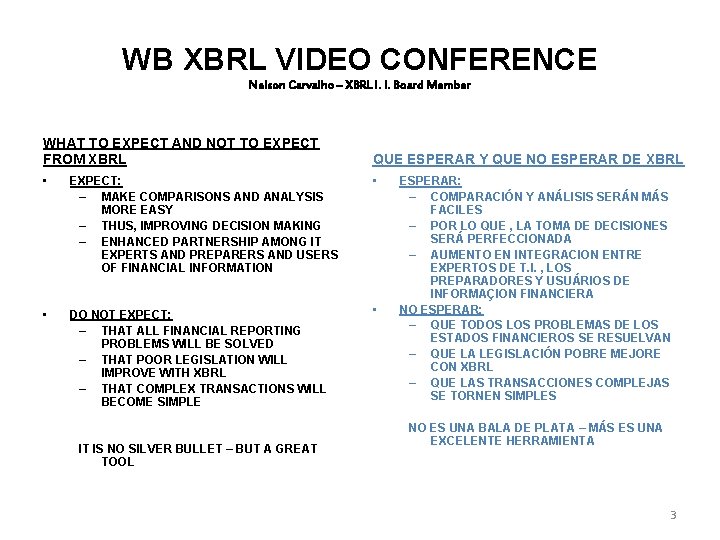 WB XBRL VIDEO CONFERENCE Nelson Carvalho – XBRL I. I. Board Member WHAT TO