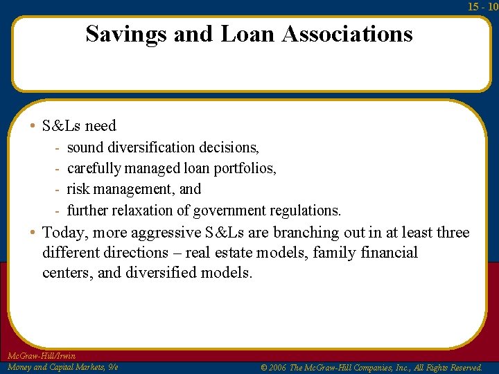 15 - 10 Savings and Loan Associations • S&Ls need - sound diversification decisions,