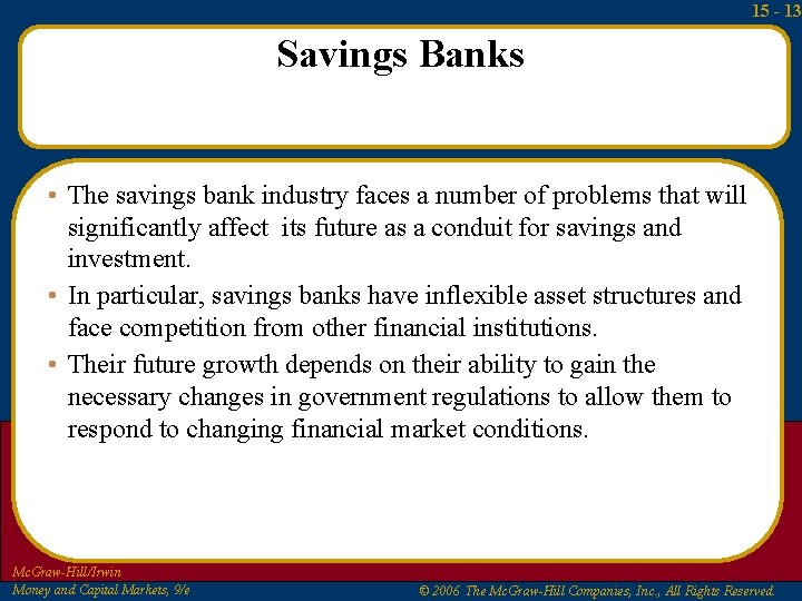 15 - 13 Savings Banks • The savings bank industry faces a number of