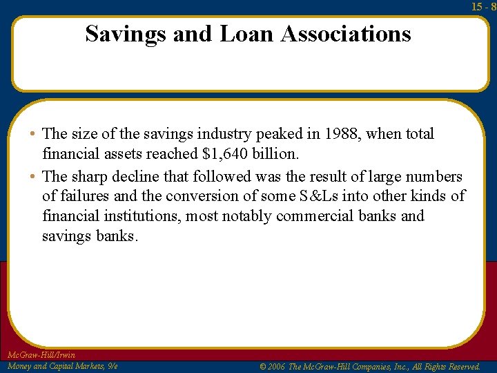 15 - 8 Savings and Loan Associations • The size of the savings industry