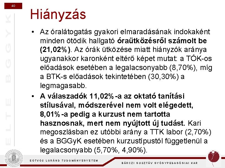 40 Hiányzás • Az óralátogatás gyakori elmaradásának indokaként minden ötödik hallgató óraütközésről számolt be