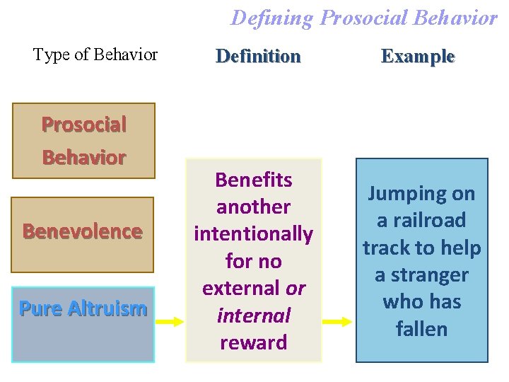 Defining Prosocial Behavior Type of Behavior Prosocial Behavior Benevolence Pure Altruism Definition Example Benefits