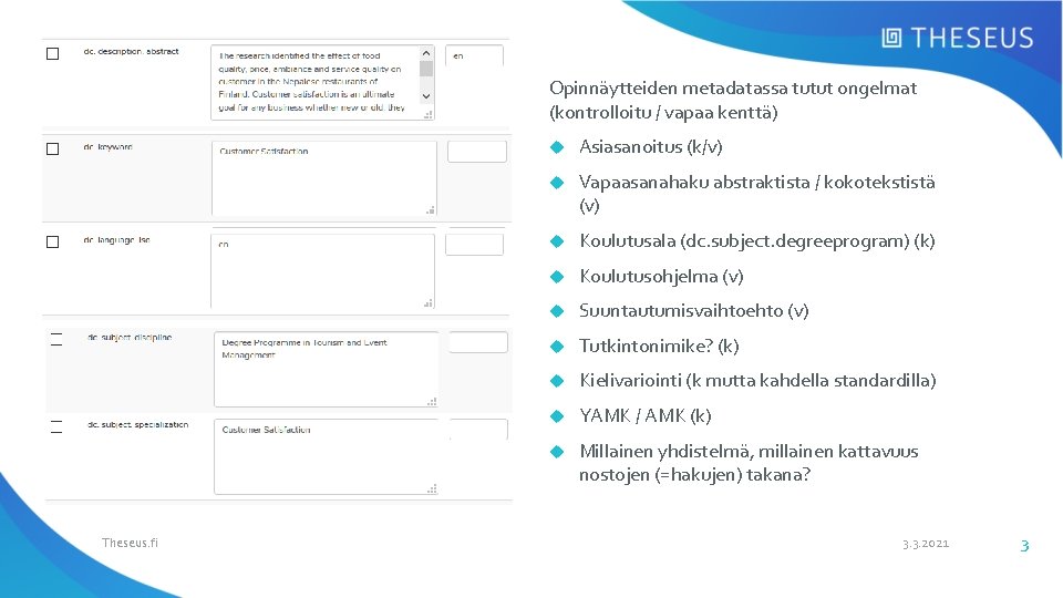 Opinnäytteiden metadatassa tutut ongelmat (kontrolloitu / vapaa kenttä) Theseus. fi Asiasanoitus (k/v) Vapaasanahaku abstraktista