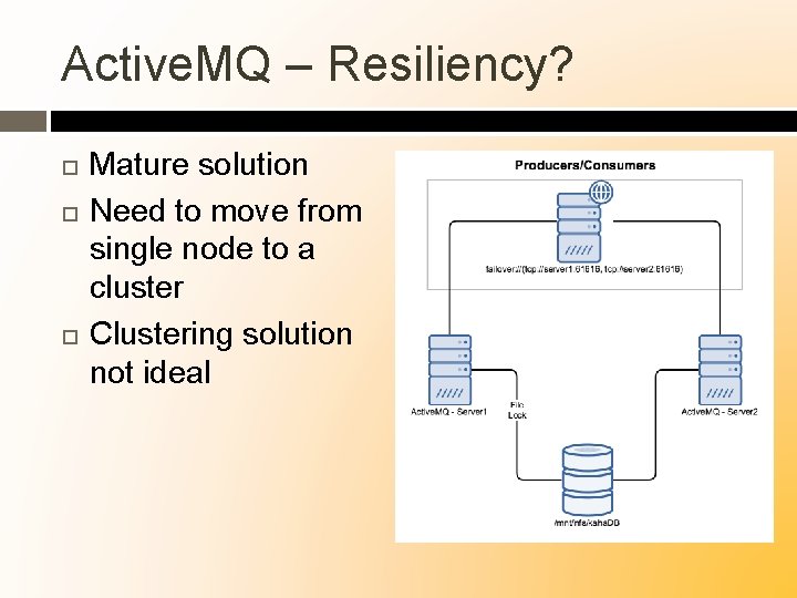 Active. MQ – Resiliency? Mature solution Need to move from single node to a