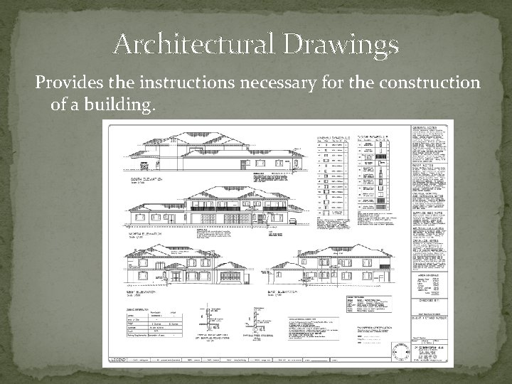 Architectural Drawings Provides the instructions necessary for the construction of a building. 