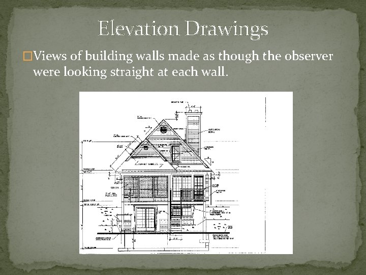 Elevation Drawings �Views of building walls made as though the observer were looking straight