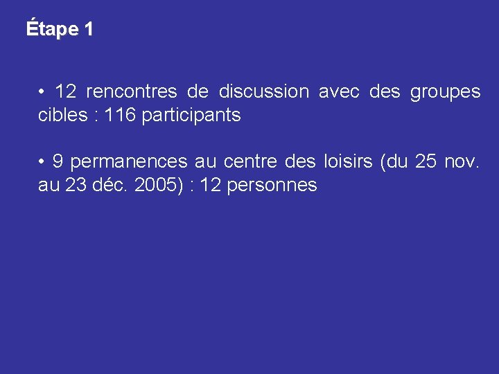 Étape 1 • 12 rencontres de discussion avec des groupes cibles : 116 participants