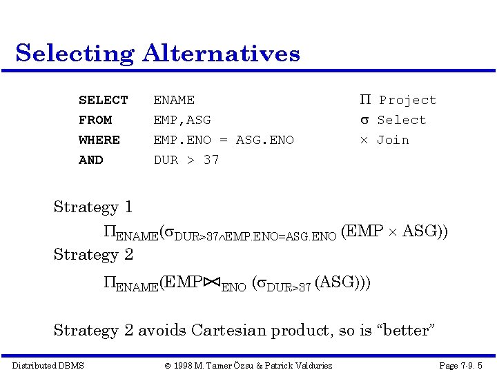 Selecting Alternatives SELECT FROM WHERE AND ENAME EMP, ASG EMP. ENO = ASG. ENO