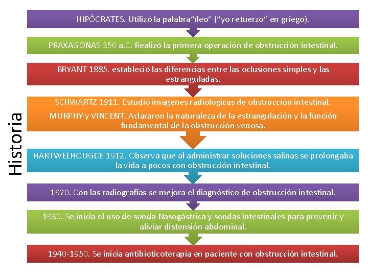HIPÓCRATES. Utilizó la palabra“íleo” (“yo retuerzo” en griego). PRAXAGONAS 350 a. C. Realizó la