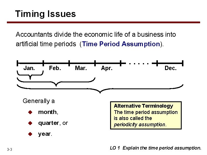 Timing Issues Accountants divide the economic life of a business into artificial time periods