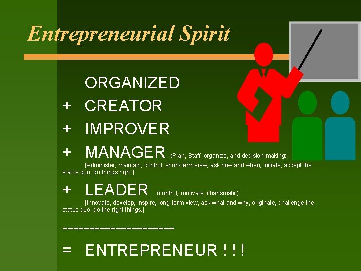 Entrepreneurial Spirit ORGANIZED + CREATOR + IMPROVER + MANAGER (Plan, Staff, organize, and decision-making)