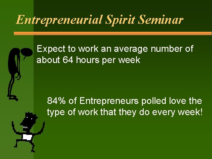 Entrepreneurial Spirit Seminar Expect to work an average number of about 64 hours per