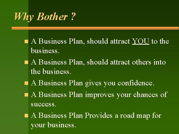 Why Bother ? A Business Plan, should attract YOU to the business. n A