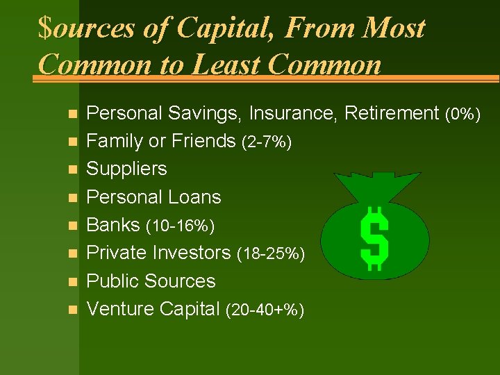 $ources of Capital, From Most Common to Least Common n n n n Personal