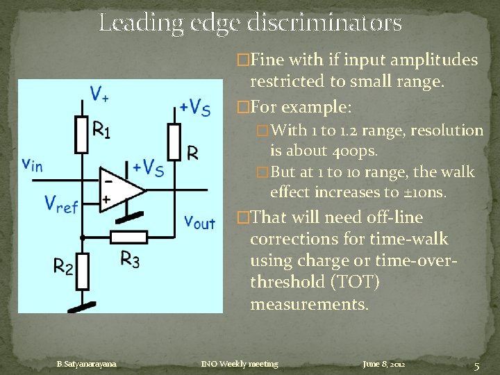 Leading edge discriminators �Fine with if input amplitudes restricted to small range. �For example: