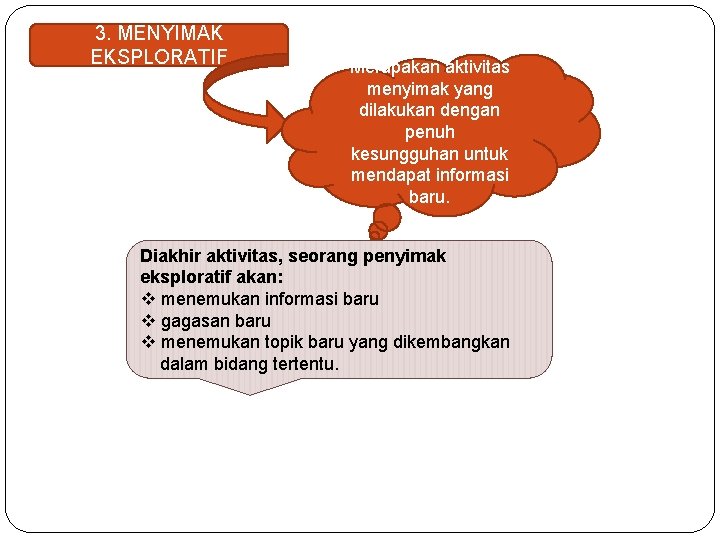 3. MENYIMAK EKSPLORATIF Merupakan aktivitas menyimak yang dilakukan dengan penuh kesungguhan untuk mendapat informasi