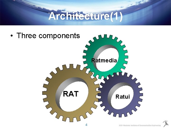 Architecture(1) • Three components Ratmedia RAT Ratui 4 2009 Graduate Institute of Communication Engineering