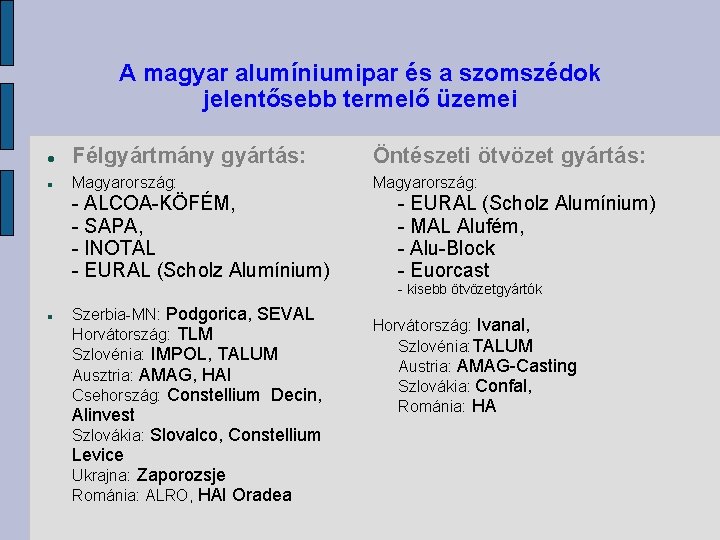 A magyar alumíniumipar és a szomszédok jelentősebb termelő üzemei Félgyártmány gyártás: Magyarország: - ALCOA-KÖFÉM,