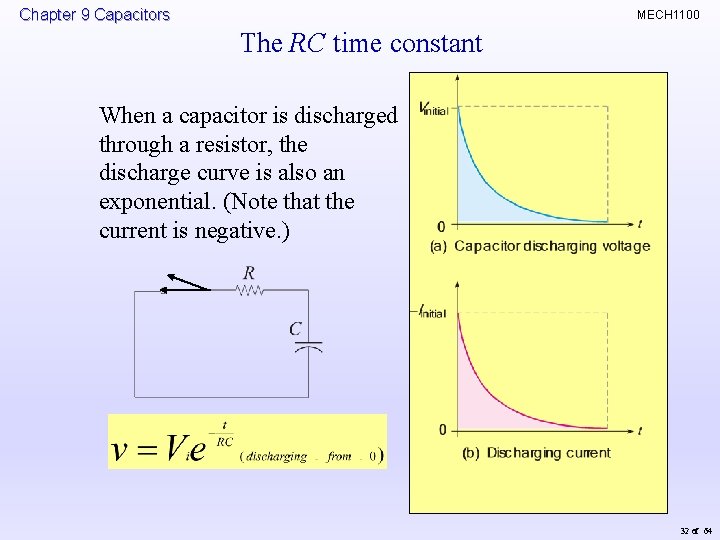 Chapter 9 Capacitors MECH 1100 The RC time constant When a capacitor is discharged