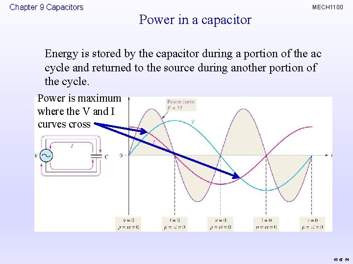 Chapter 9 Capacitors MECH 1100 Power in a capacitor Energy is stored by the