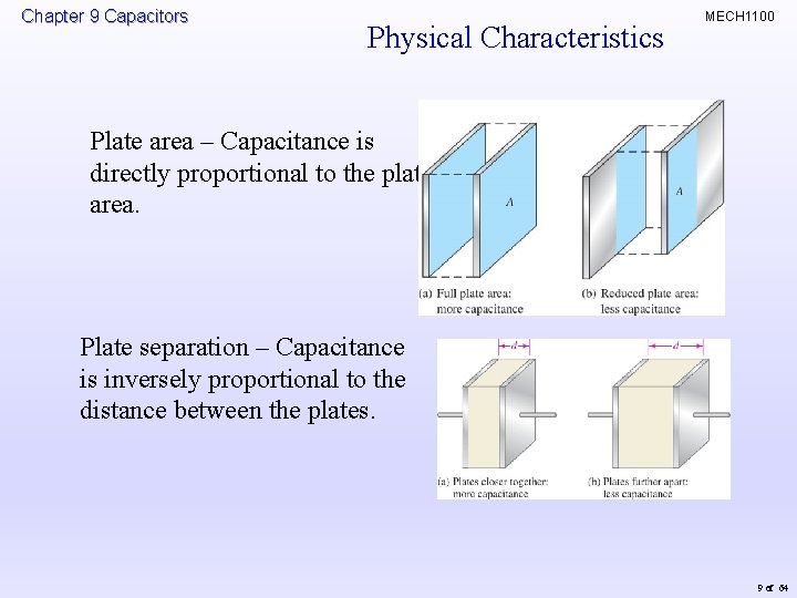 Chapter 9 Capacitors Physical Characteristics MECH 1100 Plate area – Capacitance is directly proportional