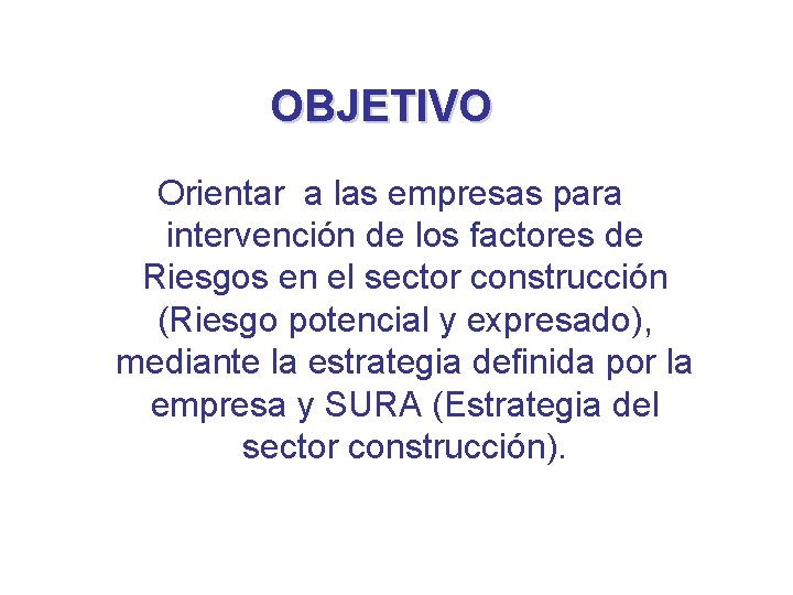 OBJETIVO Orientar a las empresas para intervención de los factores de Riesgos en el