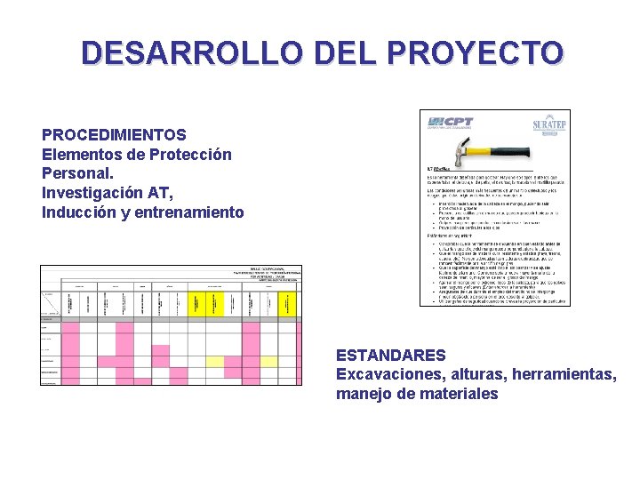 DESARROLLO DEL PROYECTO PROCEDIMIENTOS Elementos de Protección Personal. Investigación AT, Inducción y entrenamiento ESTANDARES