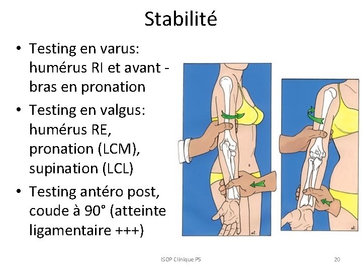 Stabilité • Testing en varus: humérus RI et avant bras en pronation • Testing